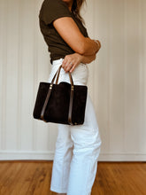 Load image into Gallery viewer, Small Tote in Darkest Chocolate Suede with Deep Olive Straps
