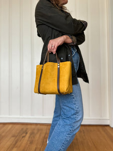 Small Tote in Heart of Gold Yellow Suede with Deep Olive Straps