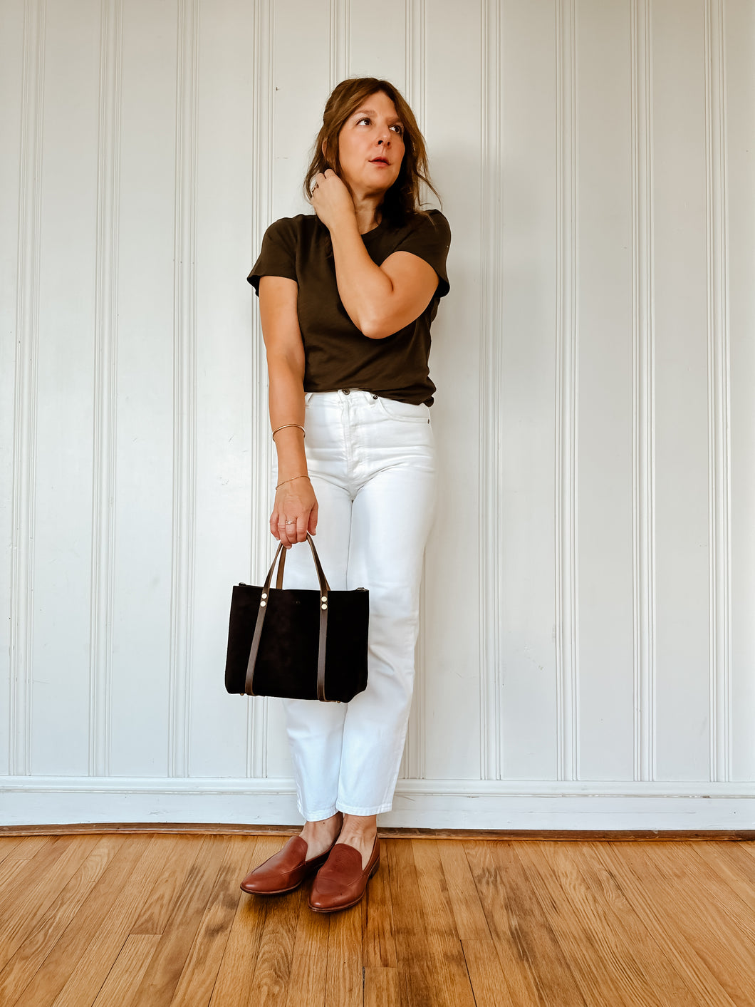 Small Tote in Darkest Chocolate Suede with Deep Olive Straps