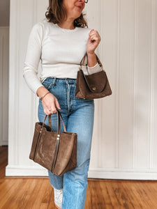 Small Tote in Mocha Latte Suede with Deep Olive Straps