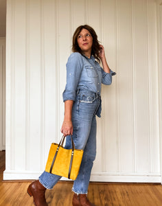 Small Tote in Heart of Gold Yellow Suede with Deep Olive Straps