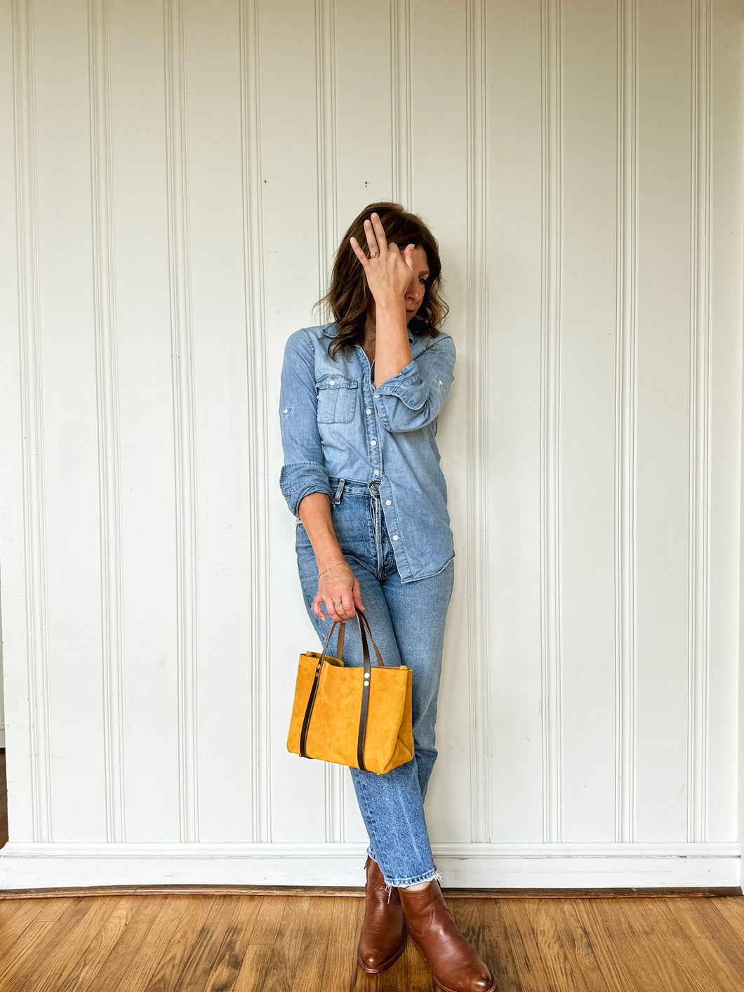 Small Tote in Heart of Gold Yellow Suede with Deep Olive Straps