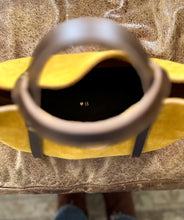 Load image into Gallery viewer, Small Tote in Heart of Gold Yellow Suede with Deep Olive Straps
