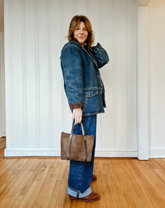 Small Tote in Mocha Latte Suede with Deep Olive Straps